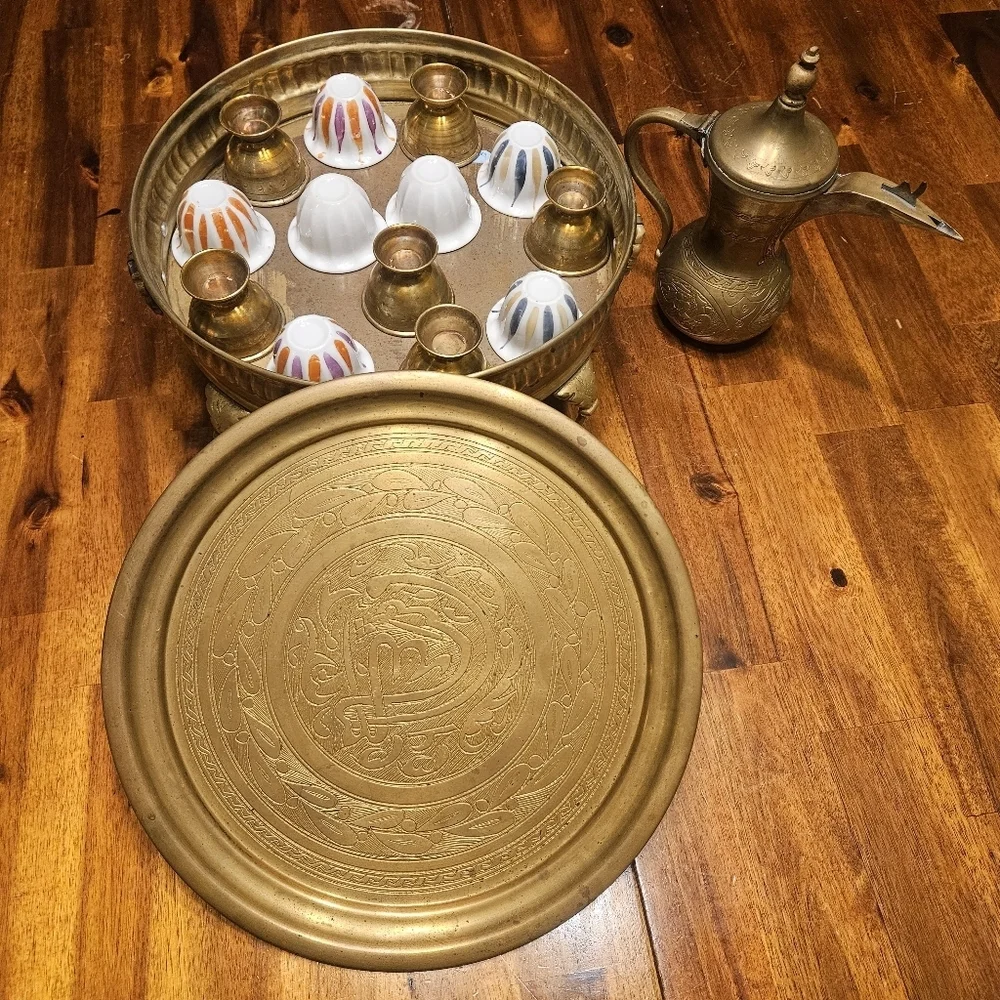 Brass Tea Set Arabian Jewish Coffee Pot Antique Set of 11 Cups w/ Tray Tea Pot